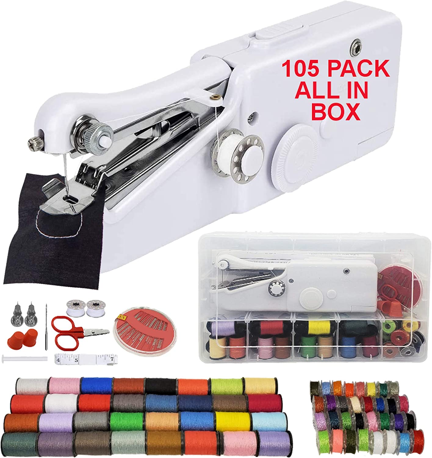105 PCS Handheld Sewing Machine + Color Thread Kit + Case, Hand Sewing Machine, Mini Sewing Machine, Kit, Portable Travel Stitch Quick Handy