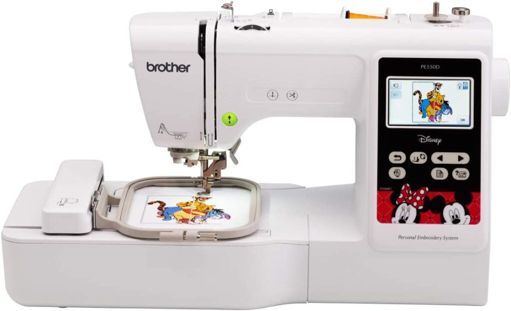 Brother PE550D Embroidery Machine, 125 Built-in Designs Including 45 Disney Designs, 4" x 4" Hoop Area, Large 3.2" LCD Touchscreen, USB Port, 9 Font Styles